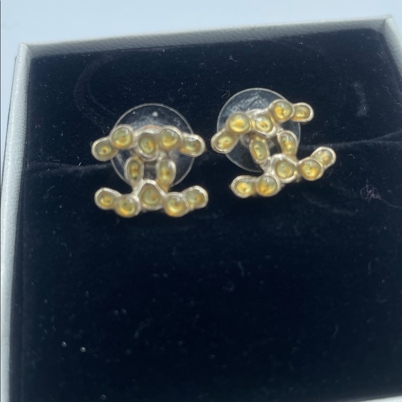 CHANEL CC Logo Yellow Resin White Gold Tone Pierced Earrings - Picture 6 of 6